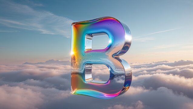 Floating iridescent 3D letter B shimmering above cloud layer, with soft sunlight reflections - Powered by Adobe