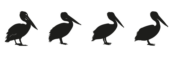 Fototapeta premium Pelican Silhouettes In Solid Icon Set. Birdwatching And Wildlife Observation Symbol Collection. Ornithology And Educational Use. Isolated Vector Illustration