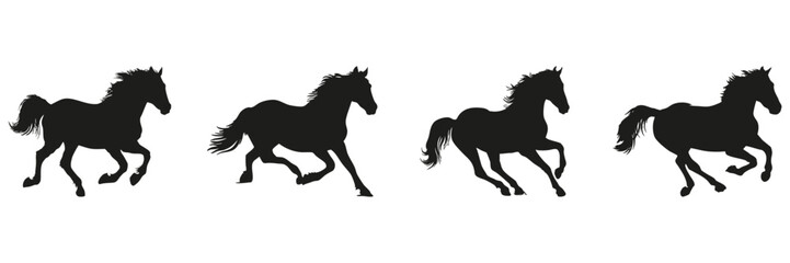 Running Horse Silhouettes In Icon Set. Equestrian Movement And Wildlife Symbol Collection. Nature And Animal Study Use. Isolated Vector Illustration