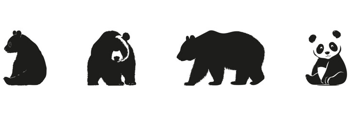 Fototapeta premium Bear Silhouettes In Solid Icon Set. Wildlife Observation And Animal Behavior Symbol Collection. Environmental And Educational Use. Isolated Vector Illustration