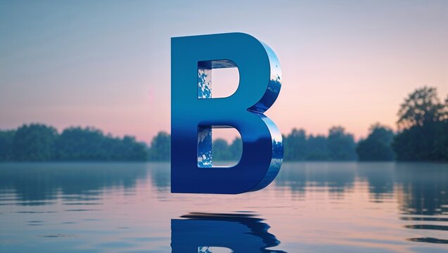 Floating Blue 3D metallic letter B hovering above calm lake at dusk, reflecting pastel sky hues - Powered by Adobe