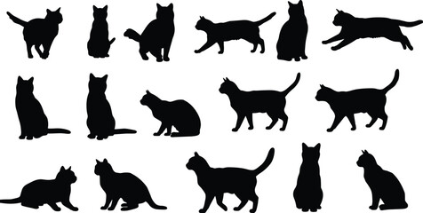 Cat silhouette vector collection, black feline poses set, pet animal sitting walking running standing, cad drawing flat vector illustrationCat silhouette vector collection, 