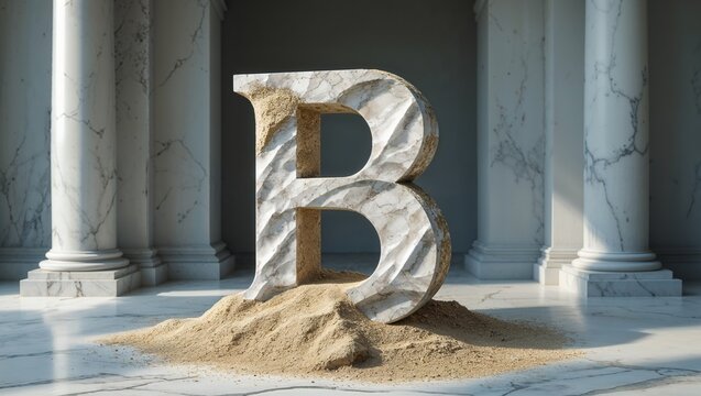 Standing marble letter B showing sand settling and veining in classical hall, with fluted columns - Powered by Adobe