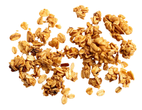 Clusters of crunchy granola with oats, nuts, and seeds scattered in a random pattern.