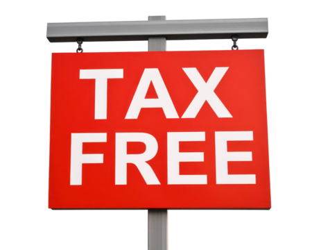A red signboard with bold white letters displaying "TAX FREE" mounted on a pole.