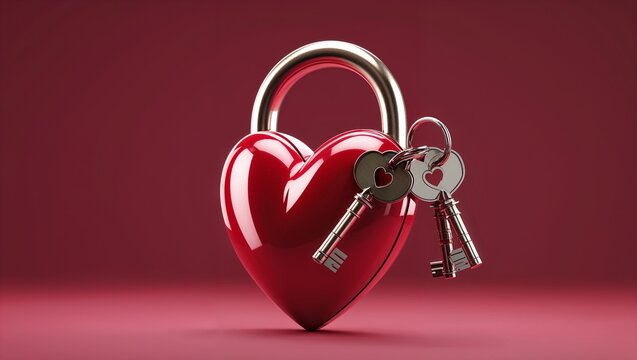 Shining heart padlock standing on red studio table, holding two silver keys with heart cutouts - Powered by Adobe