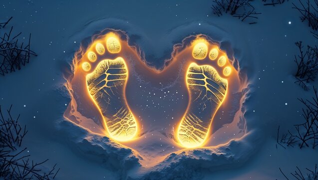 Glowing footprints pressing into deep snow in snowy field at night, with bare twigs and sparkles - Powered by Adobe