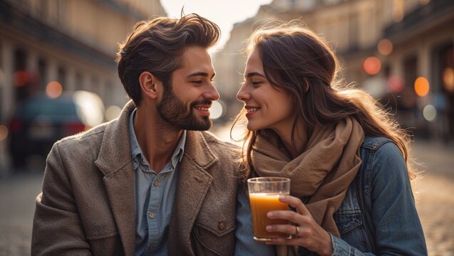 Smiling couple in denim jacket sitting at café in city center, holding glass of orange juice