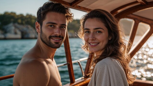 Leaning shirtless man and woman wearing beige sweater gazing at camera on boat deck, with water