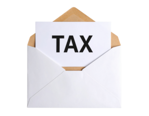 A white envelope containing a card with the bold text "TAX" prominently displayed on it.