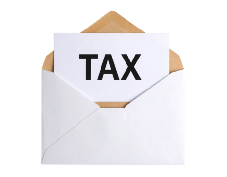 A white envelope containing a card with the bold text "TAX" prominently displayed on it.