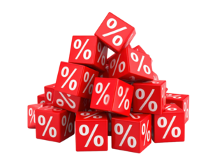 A pile of red cubes each displaying a white percentage symbol on multiple visible faces.