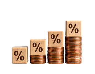 Four stacks of coins increasing in height, each topped with a wooden block displaying a percentage symbol.