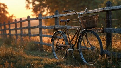 Obraz premium Leaning vintage bicycle with wicker basket basking in sunrise light over grassy field, copy space