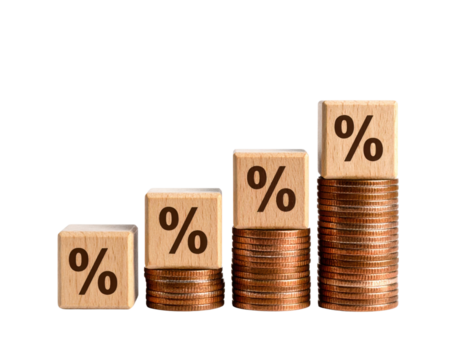 Four stacks of coins increasing in height, each topped with a wooden block displaying a percentage symbol.