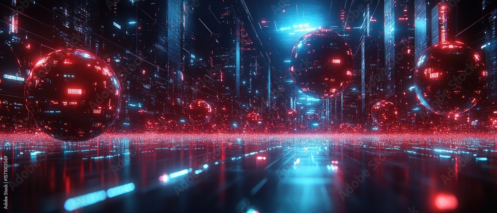 Canvas Prints futuristic hall with floating red orbs and blue lines, creating a modern, technological feel