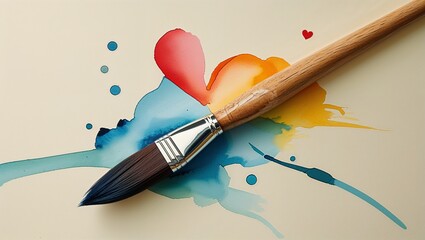 Lying wooden-handled watercolor brush on cream paper on studio table, with rainbow paint splash