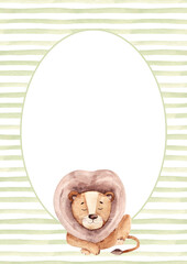Watercolor Lion illustration, invitation template with green stripes background. Circular frame with horizontal Lines or Brush Strokes in retro style. For kid cards and baby shower invitations