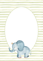 Watercolor invitation template with baby Elephant on a green stripes background. Circular frame with horizontal Lines or Brush Strokes in eco style. For kid birthday greeting cards and baby shower