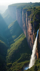 Drakensberg Amphitheatre South Africa — Vast Cliff Face with Waterfalls Tumbling into Lush Valleys Glowing at Sunset