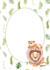 Watercolor circular summer frame with tropical leaves background and cute lion family. Vertical card template with Safari animals. For kid cards and invitations, posters, Fathers Day designs.
