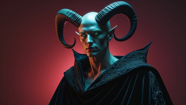 Horned figure wearing embroidered cloak posing in studio, with curved horns and glowing green eyes