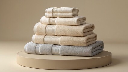 Stack of towels on wooden round block 