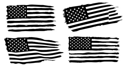 American flags are displayed in a set of four vector images in a black and white monochrome grunge style, silhouette