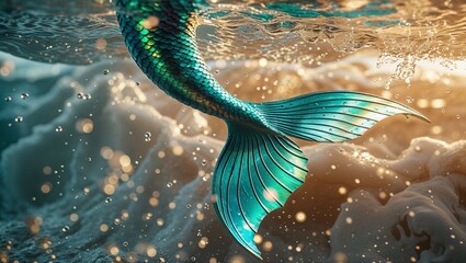 Shimmering mermaid tail rising above open ocean waves at golden hour, with teal scales glinting