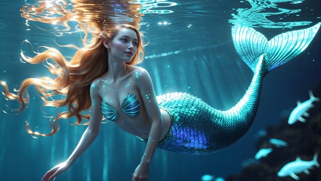 Gliding mermaid wearing iridescent seashell bra and shimmering tail in deep ocean, rising bubbles