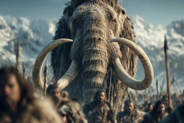 Mammoth surrounded by primitive hunters in snow covered mountains during ancient times
