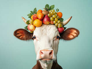 Whimsical Cow Wearing Fruit Hat on Vibrant Background