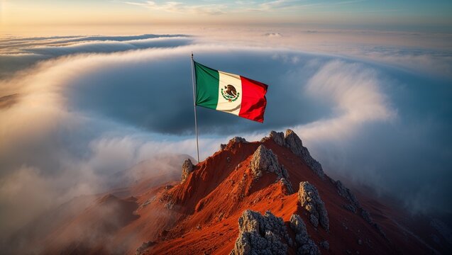 Standing Mexican flag waving atop jagged red mountain summit, with silver pole and vortex clouds - Powered by Adobe