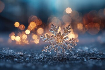 Intricate ice crystal, sharp detail, rests on frosty ground.  Warm bokeh lights blur the background, creating a magical, wintery scene
