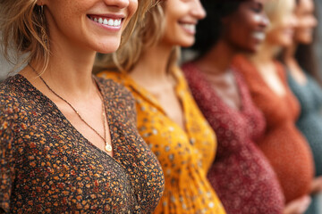 Close up view of diverse pregnant women celebrating motherhood and joy together