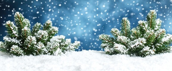 Snowy fir branches against a blue background with falling snowflakes