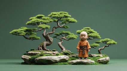 Standing novice monk wearing orange robe on moss-covered rock in studio display, with bonsai trees