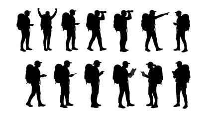 Silhouettes of hikers exploring outdoors depict a nature adventure with backpacks, looking at maps and landscapes