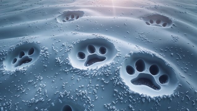 Revealing single large animal paw print sinking into snow-covered terrain, with ice crystals