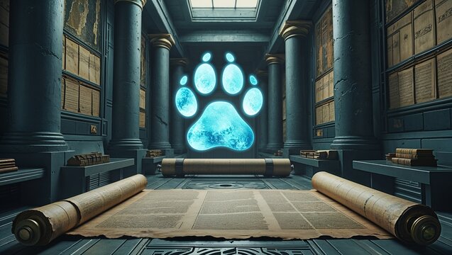 Floating blue paw hologram glowing in archive hall, with open parchment scroll and marble columns - Powered by Adobe