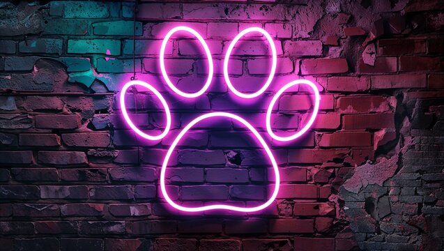 Glowing neon paw print sign casting vibrant pink teal reflections on rough brick wall - Powered by Adobe