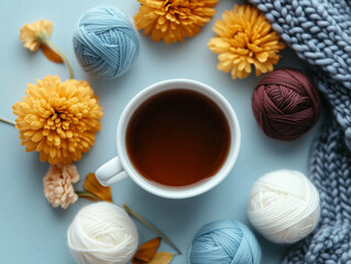 Cozy Setup With Yarn Balls, Tea Cup, and Delicate Blossom Branches
