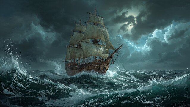 Battling wooden three-masted sailing ship braving violent ocean waves at night, with lightning bolt