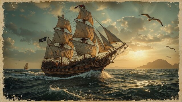 Cutting three-masted sailing ship gliding through ocean waves at sunset, with pirate flag - Powered by Adobe