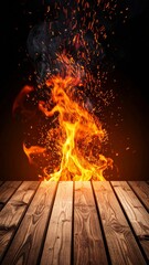 Fototapeta premium Fiery Flames Above Rustic Wooden Table