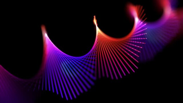 Bright spiral sound equalizer spinning on black background. Abstract concept of sound waves, digital sound and wave physics. Soundwaves consisting of bright lines moving in virtual space, looped video