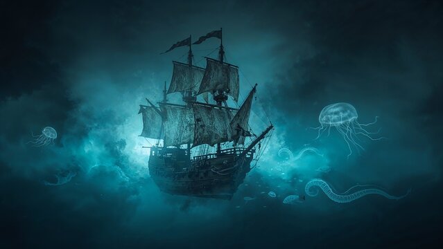 Gliding tall ship with torn sails drifting through deep ocean, glowing jellyfish, translucent eels - Powered by Adobe