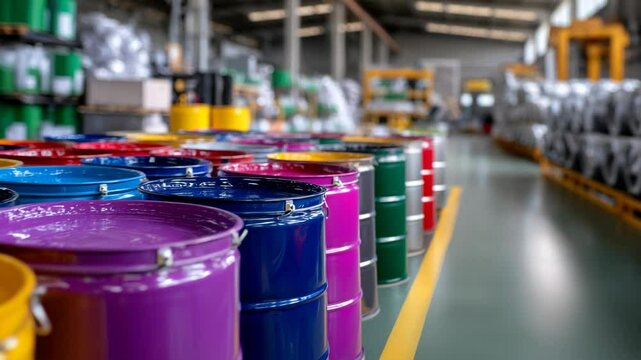 Colorful barrels of paint in the warehouse. Rows of bright barrels of paint are neatly arranged in a large industrial warehouse of a paint factory