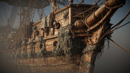 Revealing weathered sailing vessel hull and bow floating on misty water, with ropes and portholes