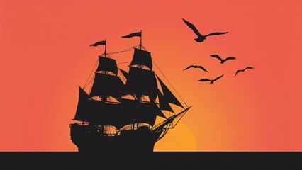 Gliding tall sailing ship silhouette crossing open sea at dusk, with furled sails and seagulls